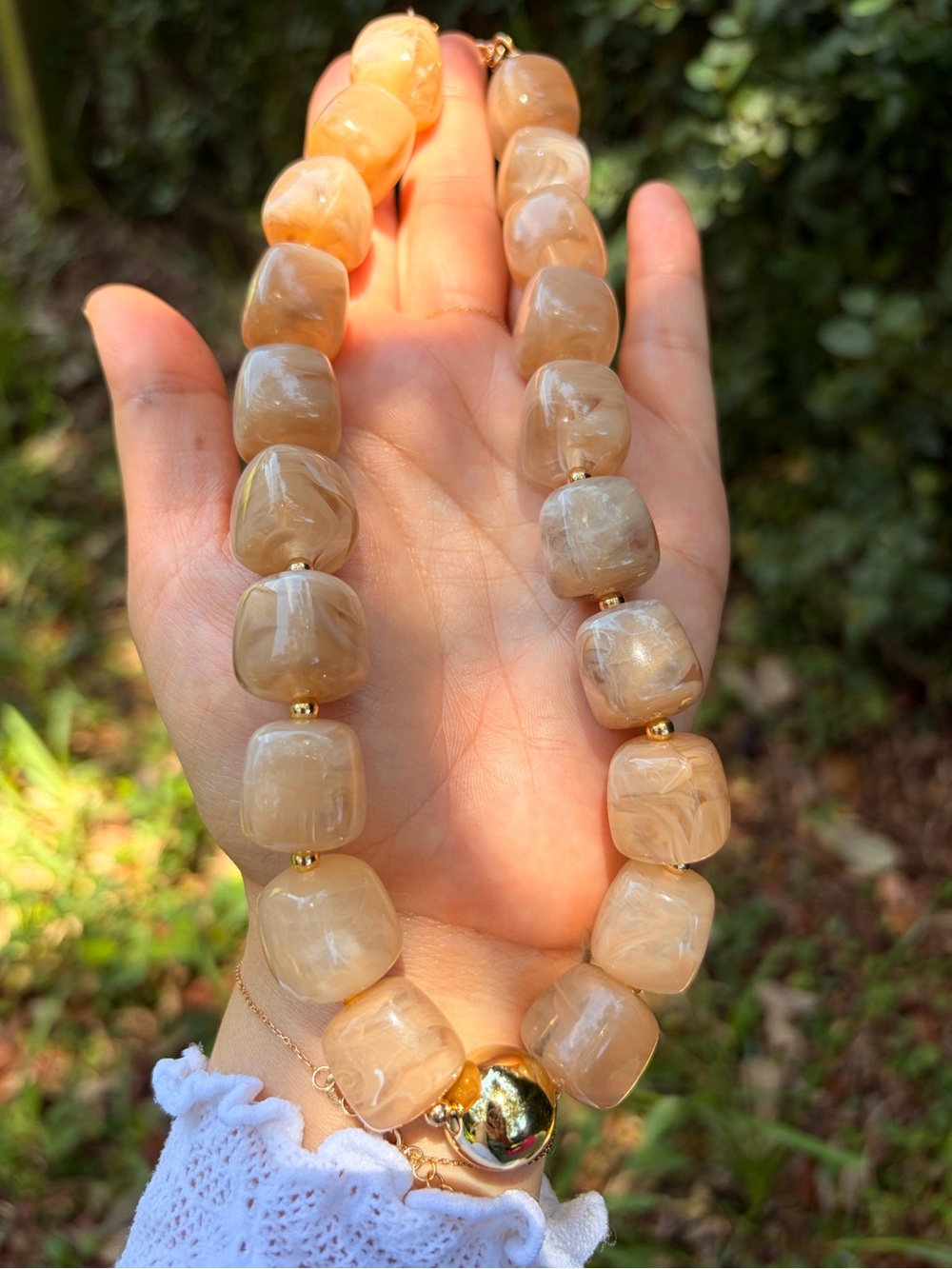 Neutral Marbled Beige Statement Bead Necklace with Gold Accents - Picture 3 of 6
